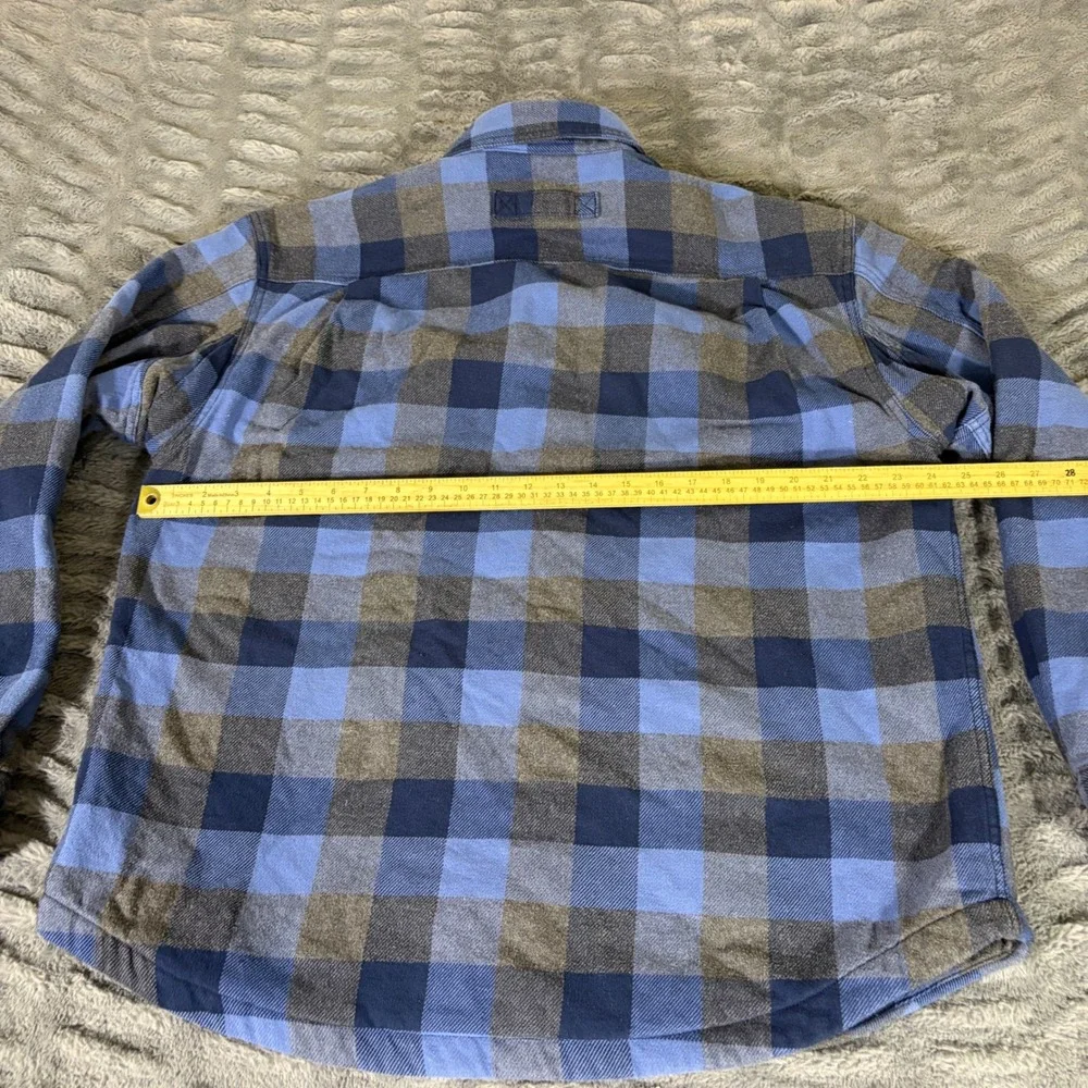 Duluth Trading Co Mens Large Fleece Lined Flannel Shirt Jacket Blue Plaid Cotton